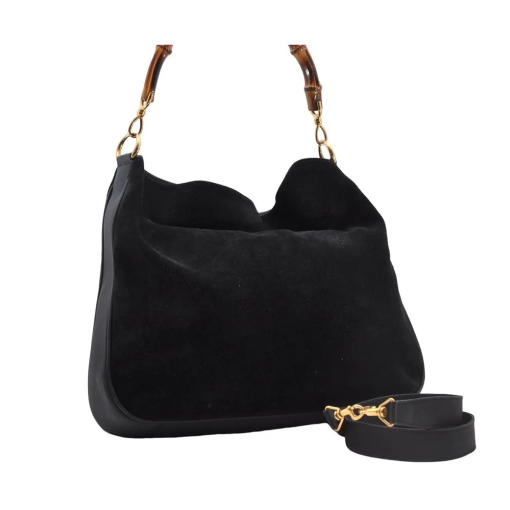 GUCCI Black Bamboo 2Way Shoulder Crossbody Handbag, Suede & Black Leather